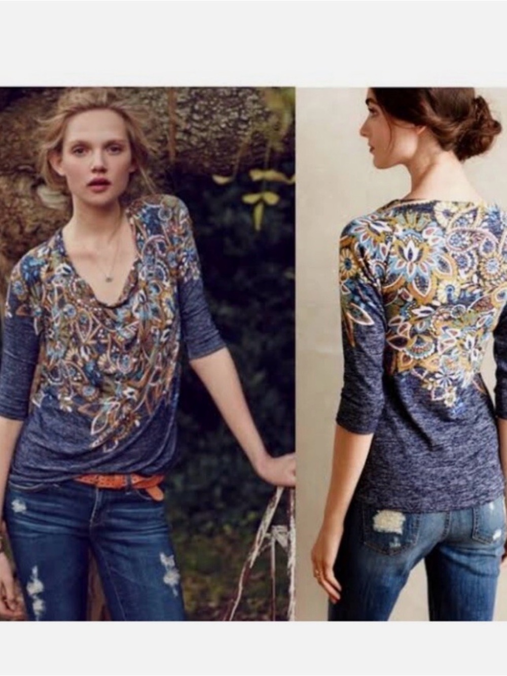 Anthropologie Postcard SZ Med Heather Blue Floral/Paisley Drape Neck Blouse